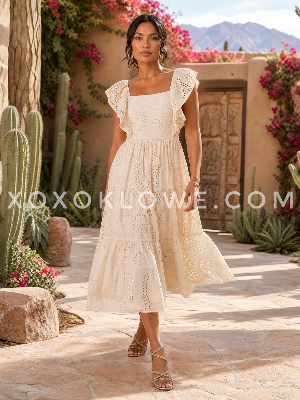 Flying Tomato Beige Cotton Eyelet Dress | Open Back Ruffle Midi Dress